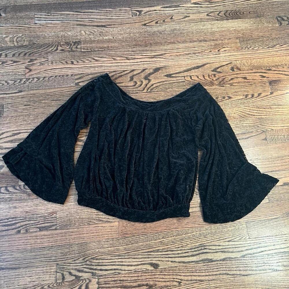 Black velvet sheer floral pattern flowers loose Free People blouse top